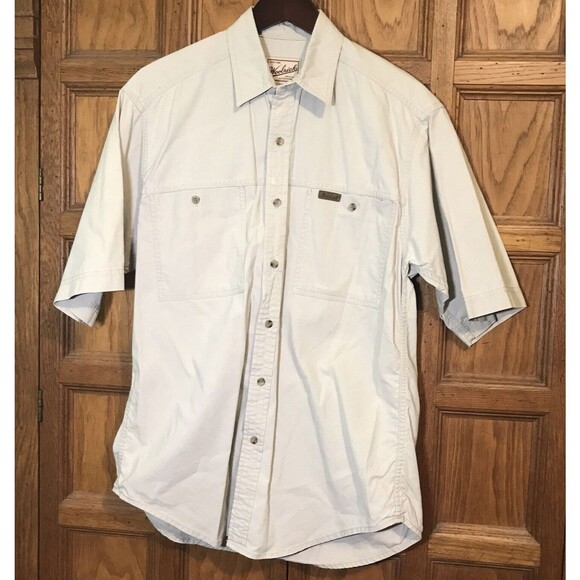 Woolrich Outdoor Shirt Men's Medium Khaki Cotton Button Up Short Sleeve Shirt - Picture 1 of 11